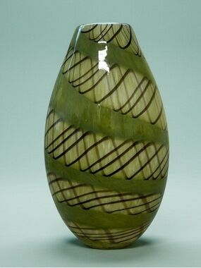 Vintage Hand Blown Encased Art Glass Vase - Green & Brown Striped 11"